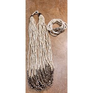Vintage Multi Strand Beaded Necklace Bracelet Cream Silver Statement Jewelry
